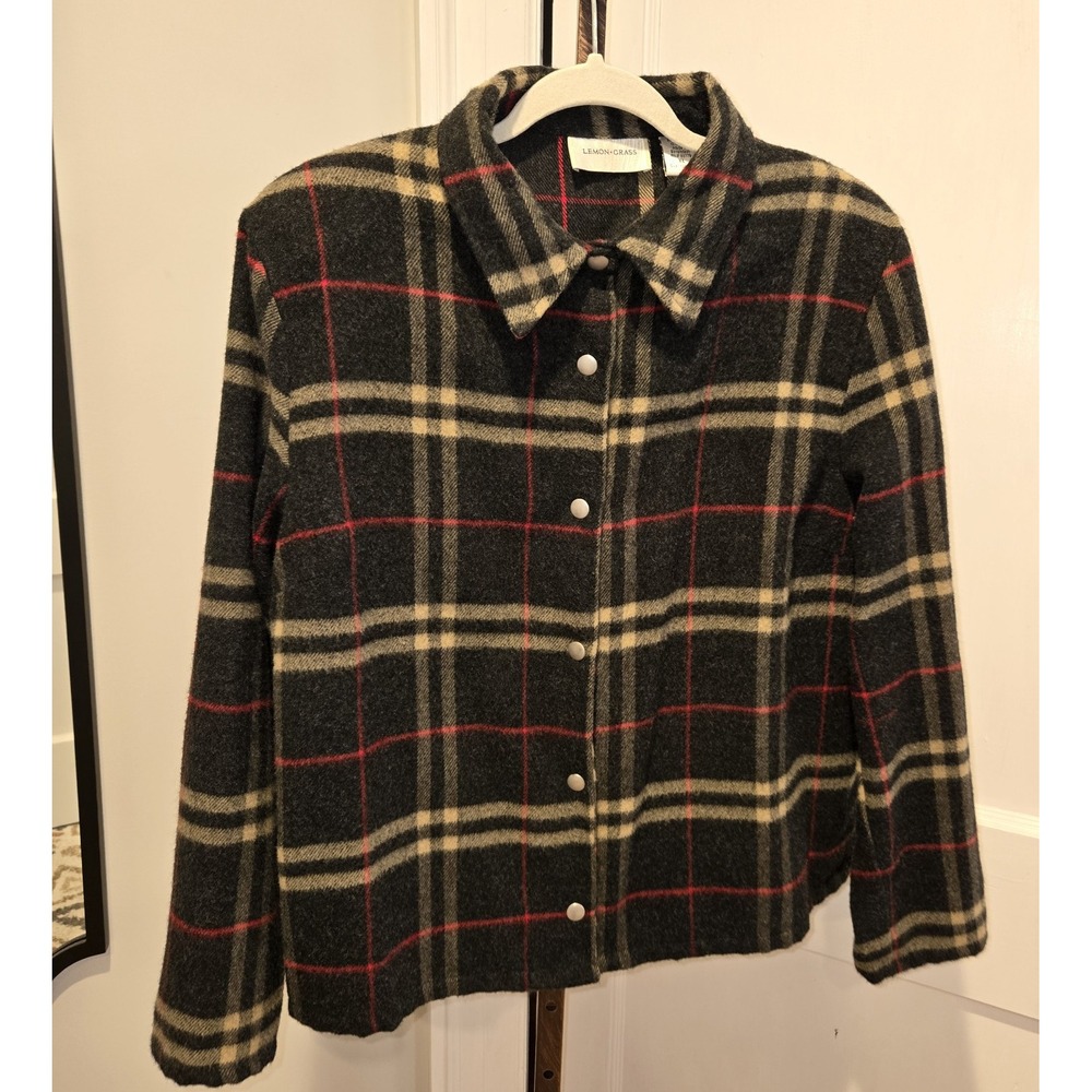Lemon Grass Women's Gray Snap Up Wool Blend Plaid Shirt Jacket Y2K XL